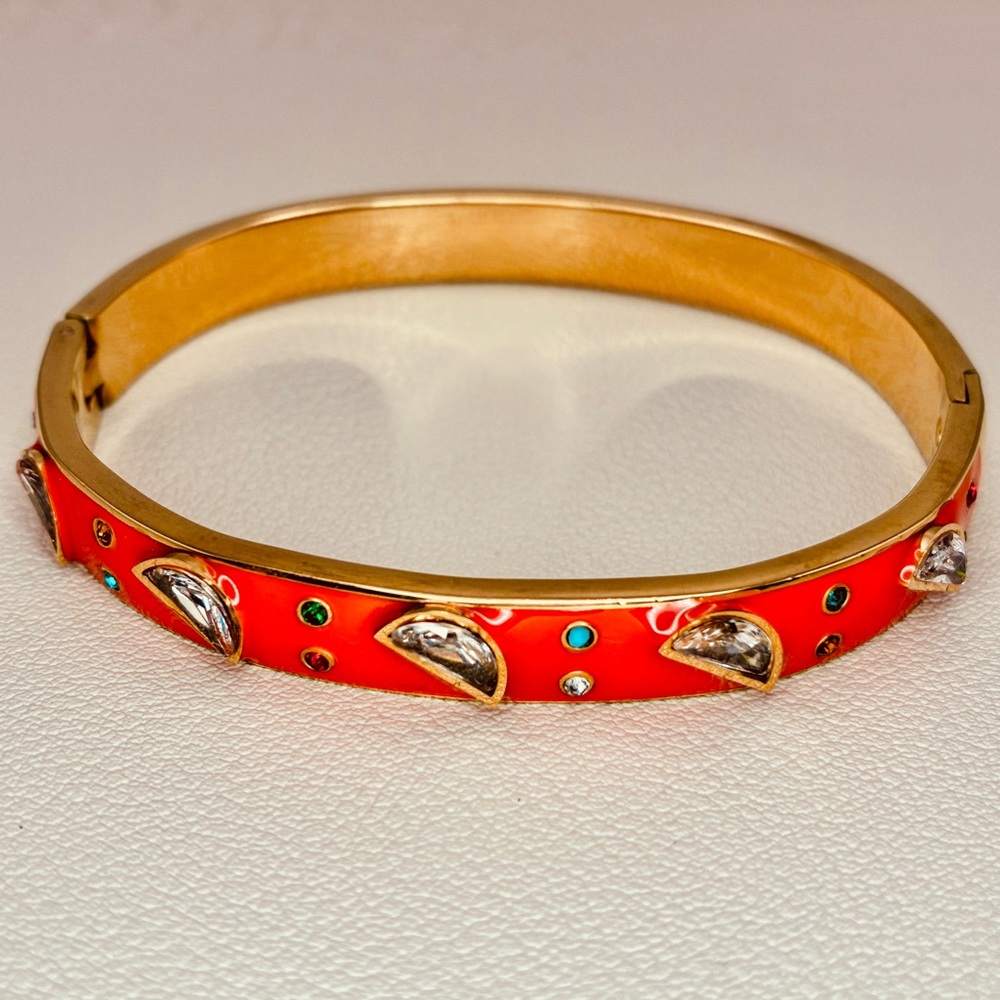 Enameled Orange & Gold CZ Half Moon Bangle Stackable Bracelet